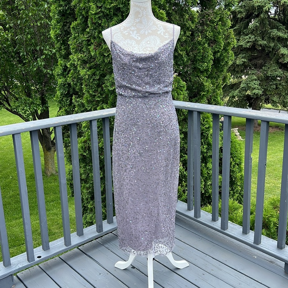 “Forever That Girl” Anthropologie BLDHN dusty dark Lavender Sequin Dress Sz 6